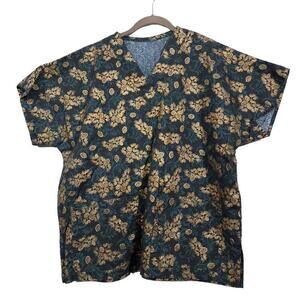 Christmas Scrub Top Size 2X Gold Green Pine Cone Unisex Women's Pocket
